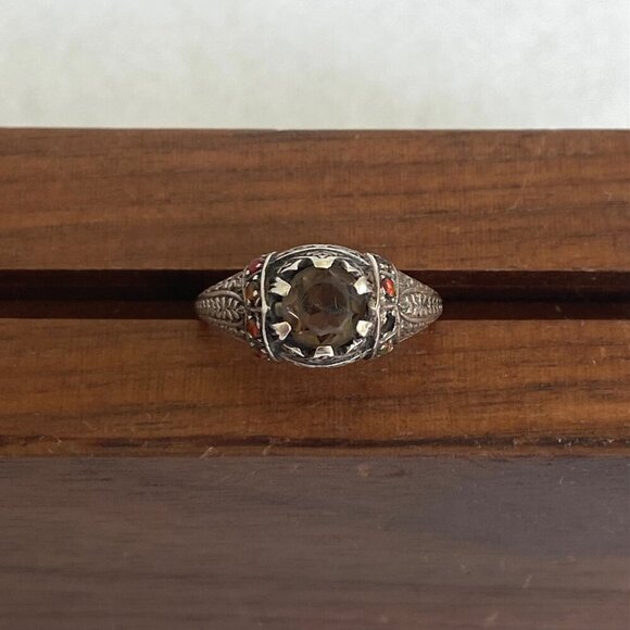 Sterling Silver 925 Dainty Round Smoky Quartz & Opal Accent Ring MISSING STONE - Picture 12 of 16